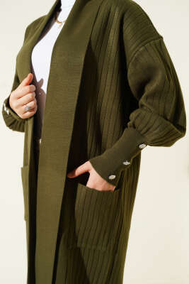 Kol Ucu Düğmeli Şal Yaka Triko Hırka Haki - Hırka