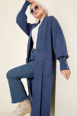 Kol Ucu Düğmeli Şal Yaka Triko Hırka İndigo - RAFİMİX