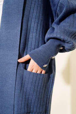 Kol Ucu Düğmeli Şal Yaka Triko Hırka İndigo - Hırka