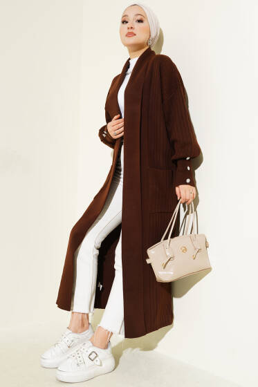 Kol Ucu Düğmeli Şal Yaka Triko Hırka Kahve - Hırka