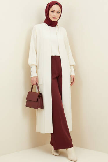 Kol Ucu Düğmeli Şal Yaka Triko Hırka Krem - Hırka