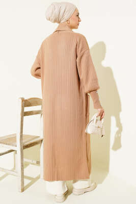 Kol Ucu Düğmeli Şal Yaka Triko Hırka Latte - Hırka