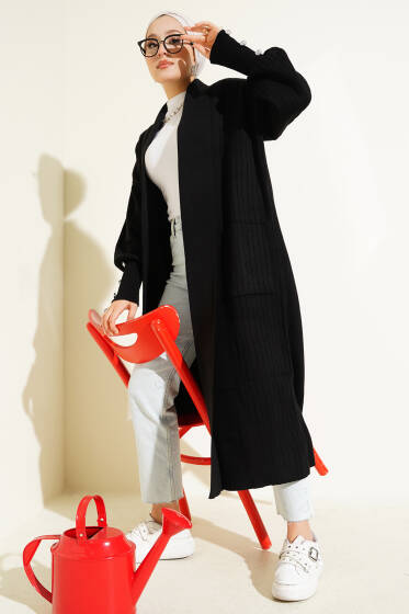 Kol Ucu Düğmeli Şal Yaka Triko Hırka Siyah - Hırka