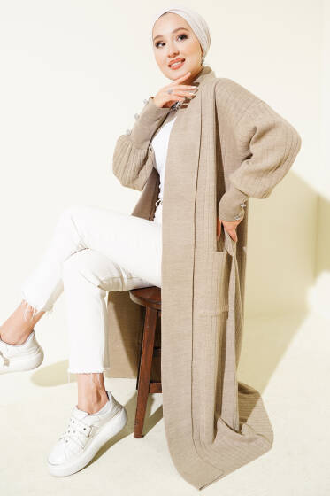 Kol Ucu Düğmeli Şal Yaka Triko Hırka Vizon - Hırka