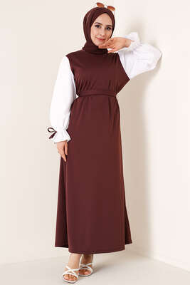 Kol Ucu İpli Garnili Elbise Kahve - Tesettür Elbise