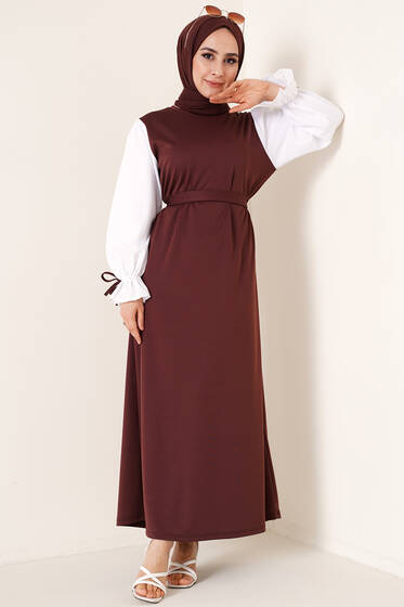 Kol Ucu İpli Garnili Elbise Kahve - Tesettür Elbise