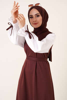 Kol Ucu İpli Garnili Elbise Kahve - Tesettür Elbise