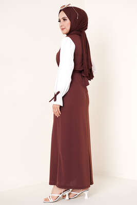 Kol Ucu İpli Garnili Elbise Kahve - Tesettür Elbise