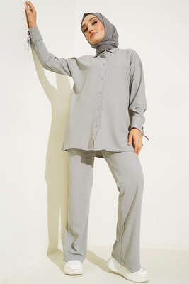 Kol Ucu İpli Kabartma Kumaşlı Takım Gri 