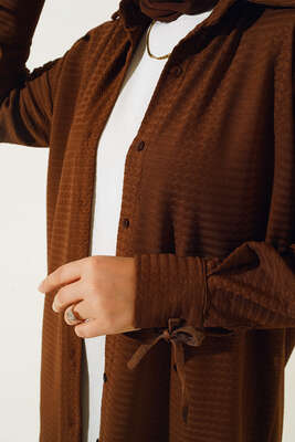 Kol Ucu İpli Kabartma Kumaşlı Takım Kahve - İKİLİ TAKIM