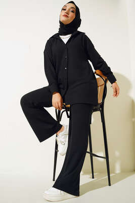 Kol Ucu İpli Kabartma Kumaşlı Takım Siyah - İKİLİ TAKIM