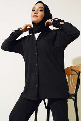 Kol Ucu İpli Kabartma Kumaşlı Takım Siyah - İKİLİ TAKIM