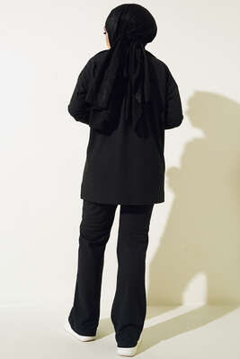 Kol Ucu İpli Kabartma Kumaşlı Takım Siyah - İKİLİ TAKIM