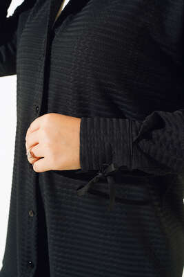 Kol Ucu İpli Kabartma Kumaşlı Takım Siyah - İKİLİ TAKIM