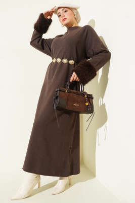 Kol Ucu Kürklü Fitilli Kaşe Elbise Kahve - SAS