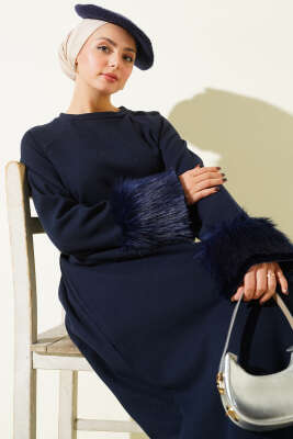 Kol Ucu Kürklü Fitilli Kaşe Elbise Lacivert - SAS