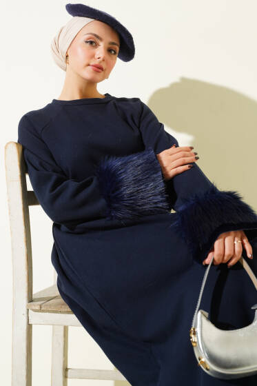 Kol Ucu Kürklü Fitilli Kaşe Elbise Lacivert - Elbise