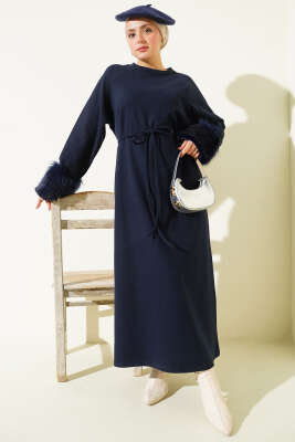 Kol Ucu Kürklü Fitilli Kaşe Elbise Lacivert - Elbise