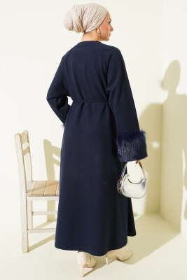 Kol Ucu Kürklü Fitilli Kaşe Elbise Lacivert - Elbise
