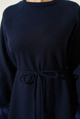 Kol Ucu Kürklü Fitilli Kaşe Elbise Lacivert - Elbise