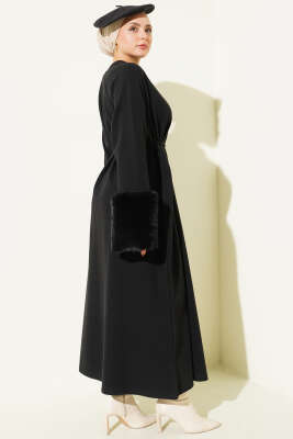 Kol Ucu Kürklü Fitilli Kaşe Elbise Siyah - Elbise