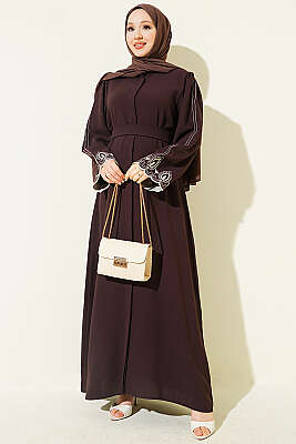 Kol Ucu Nakışlı Kuşaklı Abaya Kahve - EFSUN MODA