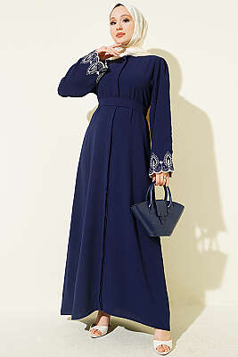 Kol Ucu Nakışlı Kuşaklı Abaya Lacivert - EFSUN MODA