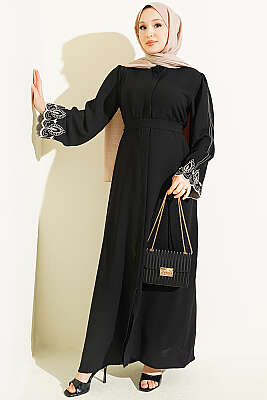 Kol Ucu Nakışlı Kuşaklı Abaya Siyah - EFSUN MODA