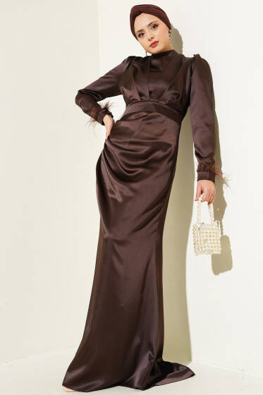 Kol Ucu Püsküllü Saten Abiye Elbise Acı Kahve - Elbise