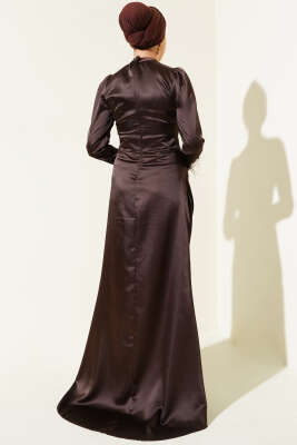 Kol Ucu Püsküllü Saten Abiye Elbise Acı Kahve - Tesettür Elbise