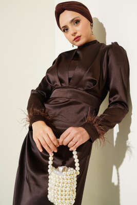 Kol Ucu Püsküllü Saten Abiye Elbise Acı Kahve - Tesettür Elbise