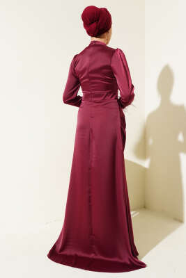 Kol Ucu Püsküllü Saten Abiye Elbise Bordo - Tesettür Elbise
