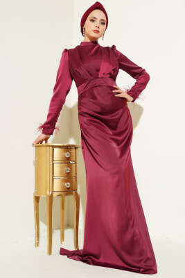 Kol Ucu Püsküllü Saten Abiye Elbise Bordo - Tesettür Elbise