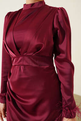 Kol Ucu Püsküllü Saten Abiye Elbise Bordo - Tesettür Elbise