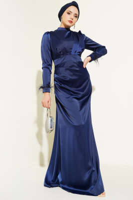 Kol Ucu Püsküllü Saten Abiye Elbise Lacivert - ALGI