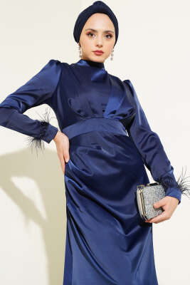 Kol Ucu Püsküllü Saten Abiye Elbise Lacivert - Tesettür Elbise