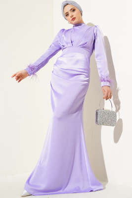 Kol Ucu Püsküllü Saten Abiye Elbise Lila 