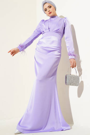 Kol Ucu Püsküllü Saten Abiye Elbise Lila - Tesettür Elbise