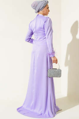 Kol Ucu Püsküllü Saten Abiye Elbise Lila - Tesettür Elbise