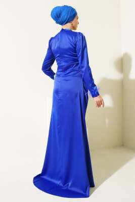 Kol Ucu Püsküllü Saten Abiye Elbise Saks - Tesettür Elbise