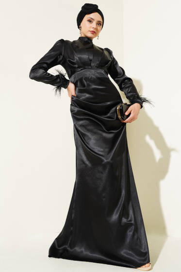 Kol Ucu Püsküllü Saten Abiye Elbise Siyah - Elbise