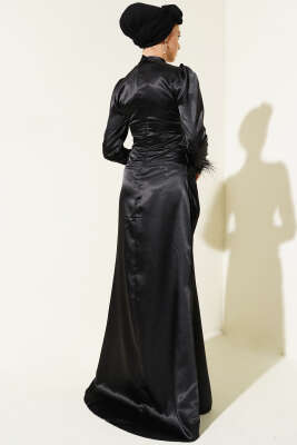 Kol Ucu Püsküllü Saten Abiye Elbise Siyah - Tesettür Elbise