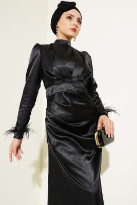 Kol Ucu Püsküllü Saten Abiye Elbise Siyah - Tesettür Elbise