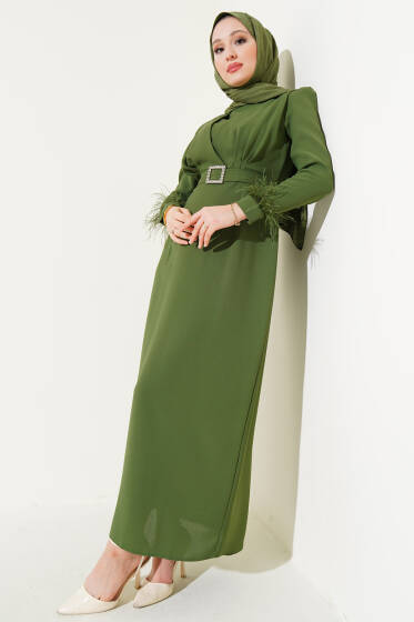 Kol Ucu Tüylü Kemerli Elbise Haki - Elbise