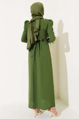 Kol Ucu Tüylü Kemerli Elbise Haki - Tesettür Elbise