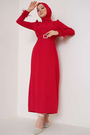 Kol Ucu Tüylü Kemerli Elbise Kırmızı - Tesettür Elbise