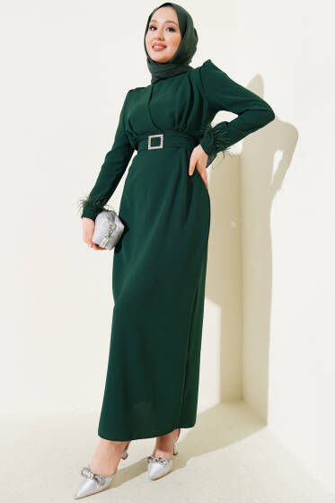 Kol Ucu Tüylü Kemerli Elbise Koyu Yeşil - Elbise