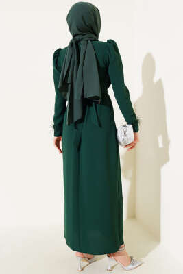 Kol Ucu Tüylü Kemerli Elbise Koyu Yeşil - Tesettür Elbise