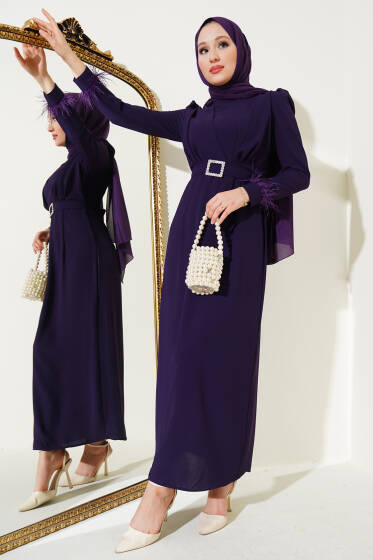 Kol Ucu Tüylü Kemerli Elbise Menekşe - Elbise