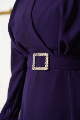 Kol Ucu Tüylü Kemerli Elbise Menekşe - Tesettür Elbise